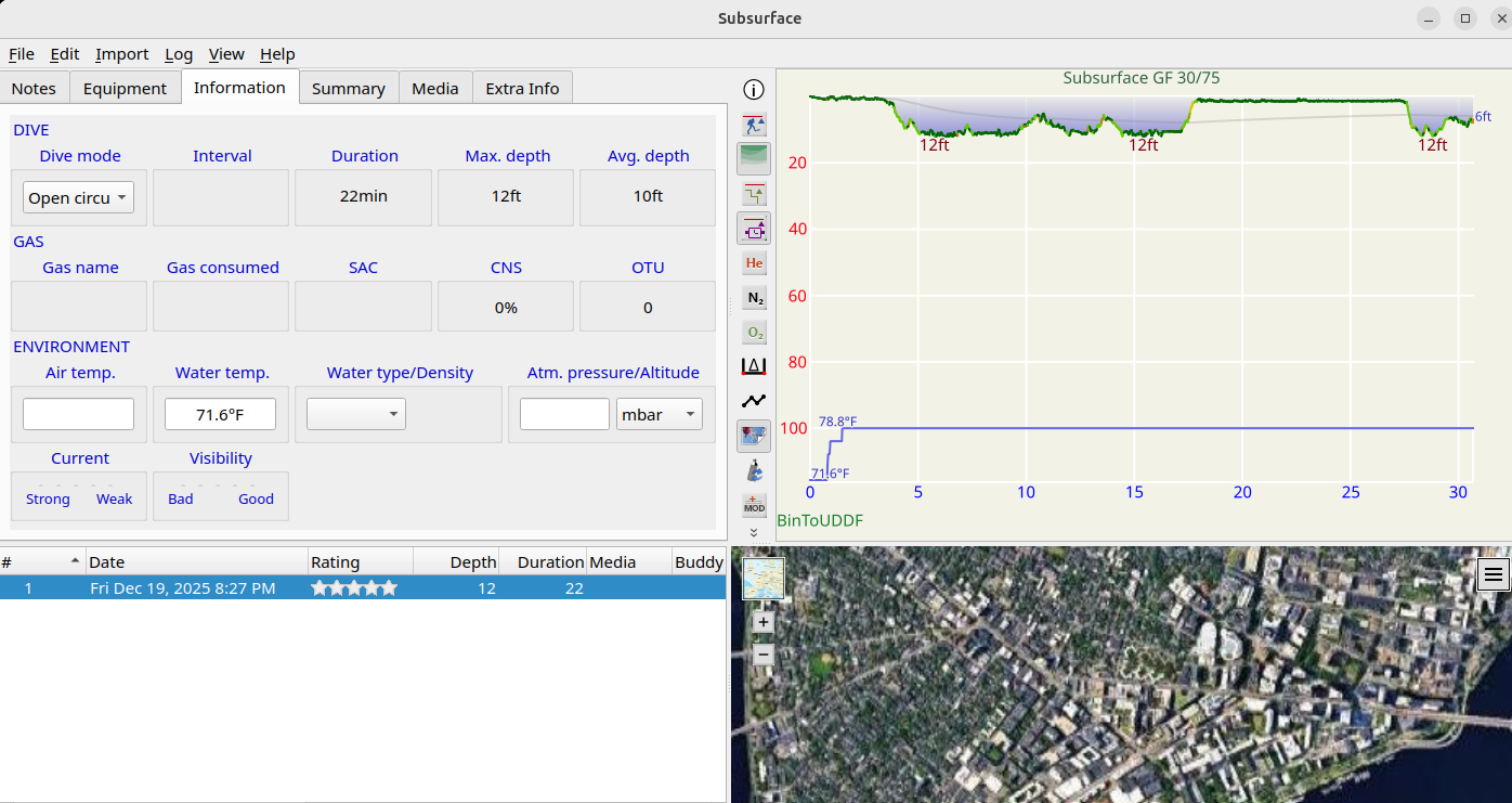 Diyve dive log imported into Subsurface showing depth profile and dive map